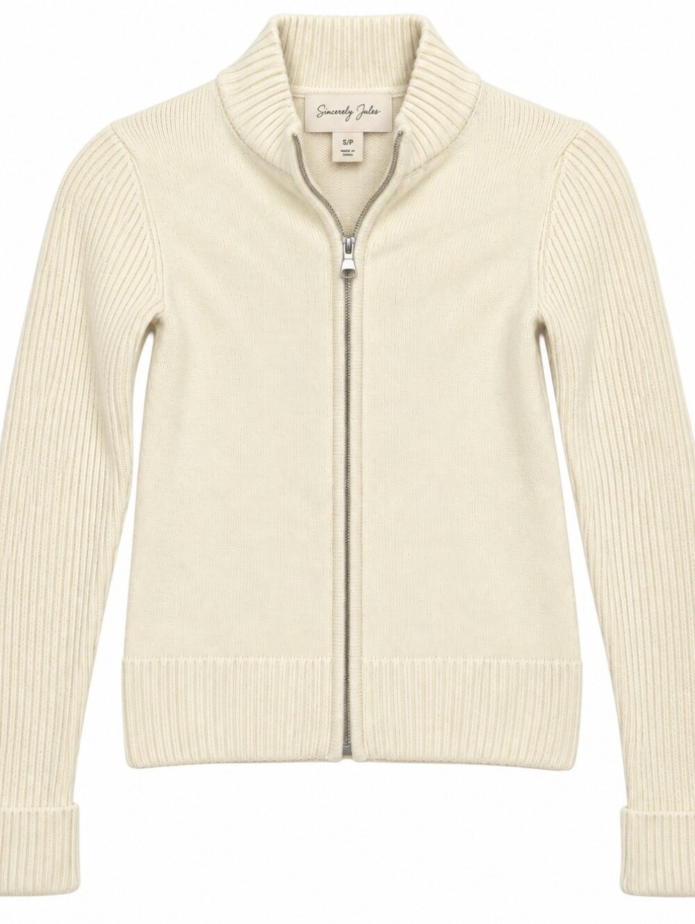 Sincerly Jules Cream Zip-Front Knit Cardigan Jacket